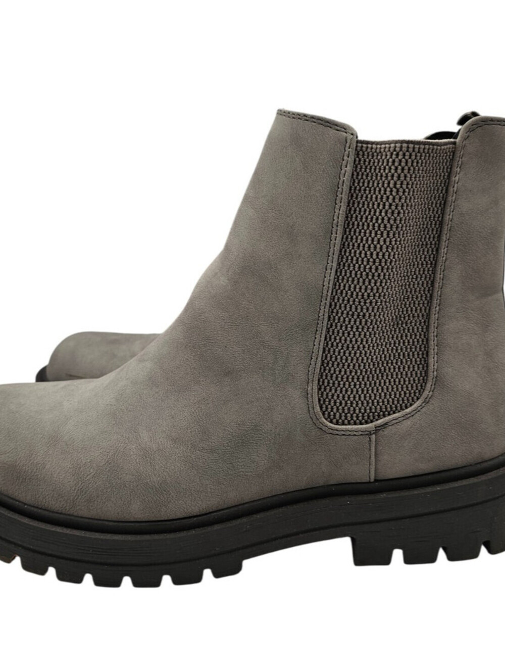 Soda Pilot Grey Nubuck Lug Sole Low Heel Chelsea Ankle Boots Double Elastic Gore